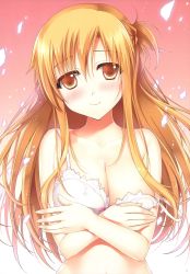 Rule 34 | 10s, 1girl, absurdres, asuna (sao), bare shoulders, blonde hair, blush, bra, breast hold, breasts, brown eyes, brown hair, cleavage, collarbone, covering privates, covering breasts, hair between eyes, half updo, head tilt, highres, large breasts, long hair, looking at viewer, open clothes, orange background, petals, simple background, smile, solo, sousouman, strap slip, sword art online, underwear, upper body, white bra