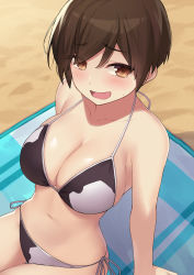 Rule 34 | 1girl, :d, arm support, bare arms, bare shoulders, beach mat, beach towel, bikini, blush, breasts, brown eyes, brown hair, cccpo, cleavage, collarbone, commentary request, day, eyes visible through hair, female focus, foreshortening, from above, grey ribbon, halterneck, highres, large breasts, looking at viewer, navel, open mouth, original, outdoors, pixie cut, sand, short hair, side-tie bikini bottom, sitting, skindentation, smile, solo, stomach, strap gap, string bikini, sweatdrop, swimsuit, thigh gap, towel, two-tone bikini