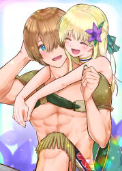 Rule 34 | 1boy, 1girl, abs, blonde hair, blue eyes, blush, brown hair, flower, fumetsu no anata e, gugu (fumetsu no anata e), hair flower, hair ornament, hair over one eye, highres, holding, holding jewelry, holding ring, jewelry, mar0maru, muscular, muscular male, open mouth, pectorals, purple flower, rean cropp, ring, signature, smile, upper body