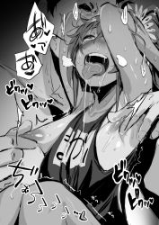 Rule 34 | 1boy, 1girl, ahegao, armpits, arms behind head, blush, breasts, breasts out, breath, clothes pull, collarbone, commentary request, crazy eyes, flower, fumihiko (fu mihi ko), greyscale, hair ribbon, hetero, highres, hololive, large areolae, monochrome, motion lines, natsuiro matsuri, nipple stimulation, nipple tweak, nipples, nose blush, one-piece swimsuit, one-piece swimsuit pull, one side up, open mouth, ribbon, rolling eyes, saliva, saliva trail, school uniform, small breasts, solo focus, speech bubble, sunflower, sweat, swimsuit, tan, teeth, tongue, tongue out, upper body, upper teeth only, virtual youtuber