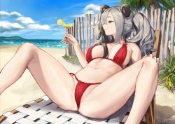 Rule 34 | 1girl, absurdres, animal ears, arknights, beach, beach chair, bikini, black hair, blue sky, breasts, closed mouth, cloud, cocktail glass, cup, day, drinking glass, fang, feater (arknights), fence, food, fruit, grey hair, highres, holding, holding cup, lemon, lemon slice, lying, medium breasts, multicolored hair, nashidrop, navel, on back, orange eyes, outdoors, palm tree, panda ears, red bikini, side-tie bikini bottom, sky, solo, spread legs, stomach, streaked hair, swimsuit, thighs, tree, twintails