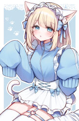 Rule 34 | 1girl, absurdres, animal ears, apron, blonde hair, blue background, blue bow, blue eyes, blue track suit, blush, border, bow, cat ears, cat girl, cat tail, extra eyes, garter straps, highres, jacket, jersey maid, maid, maid headdress, original, paw print, sleeves past fingers, sleeves past wrists, tail, thick thighs, thighhighs, thighs, track jacket, track suit, unconventional maid, white apron, white border, white headwear, white thighhighs, yukki 0125