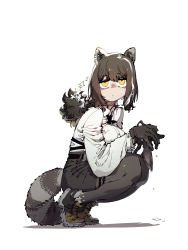 Rule 34 | 1girl, :&lt;, alternate breast size, animal ears, arknights, belt, black belt, black gloves, black skirt, breasts, closed mouth, collared shirt, from side, full body, gloves, grey pantyhose, highres, holding, holding knife, jitome, knife, large breasts, long sleeves, looking at viewer, miniskirt, pantyhose, raccoon ears, raccoon girl, raccoon tail, robin (arknights), shirt, simple background, skirt, solo, squatting, ssambatea, tail, white background, white shirt, wing collar, yellow eyes