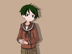 Rule 34 | 1girl, black neckerchief, brown background, brown sailor collar, brown serafuku, brown shorts, commentary, cowboy shot, english commentary, green eyes, green hair, kantai collection, looking down, mogami (kancolle), neckerchief, one-hour drawing challenge, sailor collar, school uniform, serafuku, short hair, shorts, simple background, sixten, solo, standing, swept bangs