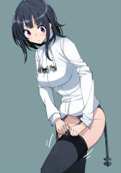 Rule 34 | 10s, 1girl, adjusting clothes, adjusting legwear, amami amayu, black hair, black thighhighs, blush, bottomless, breasts, character check, dressing, garter straps, kantai collection, large breasts, lingerie, long hair, no headwear, no jacket, no panties, personification, purple eyes, shiny skin, shirt, solo, takao (kancolle), thighhighs, underwear, white shirt
