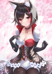 Rule 34 | 1girl, absurdres, animal ear fluff, animal ears, black gloves, black hair, black sleeves, blush, breasts, brown pantyhose, cherry blossoms, closed mouth, dress, gloves, highres, hololive, long sleeves, looking at viewer, medium breasts, multicolored hair, ookami mio, ookami mio (wonderland), orange eyes, pantyhose, red hair, short hair, shorts, smile, solo, togemaru34, virtual youtuber, white shorts, wolf ears