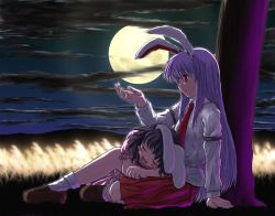 Rule 34 | 2girls, against tree, animal ears, arm support, blush stickers, rabbit ears, cloud, closed eyes, female focus, full moon, inaba tewi, jpeg artifacts, lap pillow, looking away, moon, multiple girls, night, outstretched hand, profile, reisen udongein inaba, shirt, skirt, sleeping, smile, socks, touhou, tree, tsuyadashi shuuji