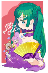 Rule 34 | 4girls, bare shoulders, blue eyes, blunt bangs, border, character name, chibi, chibi inset, closed mouth, collar, commentary request, detached sleeves, folding fan, green hair, grey hair, hanazono shuka, hand fan, hand up, happy birthday, holding, holding fan, idol clothes, janis (pripara), long hair, looking at viewer, moudoku (decopon3rd), multiple girls, open mouth, pretty series, pripara, purple collar, purple eyes, purple hair, purple shirt, purple sleeves, red background, shirt, short hair, side ponytail, smile, solo focus, sparkle, taiyo pepper, tsukikawa chili, two side up, white border