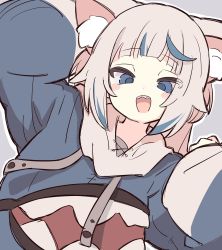 Rule 34 | 1girl, ahoge, animal ear fluff, animal ears, animal hood, blue eyes, blue hair, blush, brown background, cat ears, commentary, gawr gura, highres, hololive, hololive english, hood, hoodie, leaning back, looking at viewer, looking down, medium hair, multicolored hair, n40a1, open mouth, shark hood, sharp teeth, simple background, smile, solo, streaked hair, teeth, tongue, upper body, upper teeth only, virtual youtuber, white hair