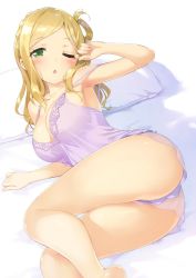 Rule 34 | 10s, 1girl, ;o, arm up, armpits, ass, bare legs, barefoot, blonde hair, blush, braid, breasts, camisole, cleavage, french braid, green eyes, kani biimu, large breasts, love live!, love live! sunshine!!, lying, ohara mari, on bed, on side, one eye closed, pillow, see-through, shorts, simple background, solo, strap gap, strap slip, swept bangs, white background