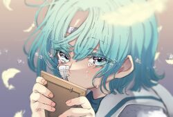 Rule 34 | 1girl, ado (utaite), akuru-chan (ado), bandaid, bandaid on face, blue eyes, blue hair, blush, commentary request, crying, crying with eyes open, eien no akuru hi, feathers, hair between eyes, highres, looking at viewer, mikamiruka 0728, partial commentary, portrait, sailor collar, short hair, solo, tears, utaite, white sailor collar