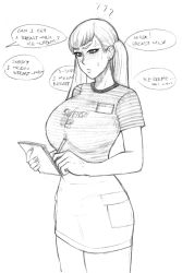 Rule 34 | 1girl, absurdres, anger vein, bike-chan (redmaiden), blush, breasts, clipboard, commentary, english commentary, english text, graphite (medium), greyscale, highres, holding, holding clipboard, holding pen, iced latte with breast milk (meme), large breasts, long hair, low twintails, meme, monochrome, name tag, nose blush, original, pen, pencil skirt, redmaiden, shirt, skirt, solo, t-shirt, traditional media, twintails, waitress