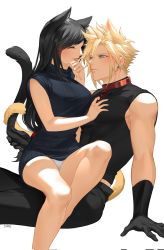 Rule 34 | 1boy, 1girl, animal ears, bare shoulders, black hair, blonde hair, blue eyes, breasts, cat ears, cat tail, cloud strife, collar, couple, duoj ji, earrings, eyelashes, fang, final fantasy, final fantasy vii, final fantasy vii remake, gloves, hetero, highres, jewelry, large breasts, legs, long hair, looking at another, panties, sitting, sitting on lap, sitting on person, sleeveless, sleeveless turtleneck, spiked hair, sweater, tail, tifa lockhart, tongue, tongue out, turtleneck, turtleneck sweater, underwear, white background, white panties