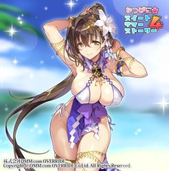 Rule 34 | 1girl, armpits, arms up, bare shoulders, beach, blurry, blurry background, bracelet, breasts, brown eyes, brown hair, cleavage, closed mouth, commentary request, copyright name, day, gold trim, hair ornament, high ponytail, highres, jewelry, kanpani girls, large breasts, long hair, looking at viewer, mole, mole under eye, official art, outdoors, pelvic curtain, ponytail, senri gan, shirayuri sakura, solo, sparkle, thigh strap, very long hair
