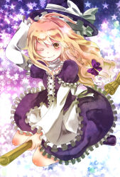 Rule 34 | 1girl, bad id, bad pixiv id, blonde hair, broom, broom riding, colored eyelashes, eyelashes, female focus, hat, holding, holding hat, jaku sono, kirisame marisa, looking at viewer, one eye closed, smile, solo, touhou, wink, witch, witch hat