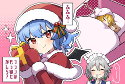 Rule 34 | 3girls, absurdres, bat wings, blonde hair, blue hair, commentary request, flandre scarlet, gift, gloves, grey hair, hat, highres, holding, holding gift, izayoi sakuya, maid, maid headdress, miz (mizillustration), multiple girls, nightcap, red eyes, red gloves, remilia scarlet, santa costume, santa hat, sleeping, smile, sound effects, speech bubble, stuffed animal, stuffed toy, teddy bear, touhou, translated, wings, zzz