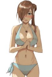Rule 34 | 1girl, bikini, blue eyes, blush, breasts, brown hair, cleavage, cowboy shot, flower, hair bun, hair flower, hair ornament, hair over one eye, jewelry, large breasts, long hair, looking at viewer, midriff, navel, necklace, open mouth, own hands together, rourou ill, side ponytail, single hair bun, solo, swimsuit, tales of (series), tales of the abyss, tear grants, white background, white bikini