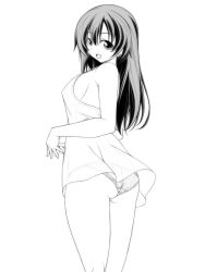Rule 34 | 1girl, ass, breasts, commentary request, crotch seam, from behind, greyscale, highres, kikuchi tsutomu, long hair, looking at viewer, looking back, medium breasts, monochrome, no pants, open mouth, original, own hands together, panties, shirt, sideboob, sleeveless, sleeveless shirt, smile, solo, standing, underwear