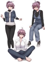 Rule 34 | 1girl, :d, absurdres, ahoge, alternate costume, aoba (kancolle), barefoot, black footwear, black pants, black scrunchie, black shirt, blue eyes, blue pants, casual, collared shirt, cropped legs, hair between eyes, hair ornament, hair scrunchie, highres, ikadamo, kantai collection, long sleeves, looking at viewer, messy hair, multiple views, open mouth, overalls, pants, ponytail, purple hair, scrunchie, shirt, shoes, simple background, smile, sneakers, white background, white shirt