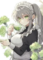 Rule 34 | 1girl, carnation, commission, cup, dress, flower, glass teacup, green eyes, green flower, grey hair, hair between eyes, holding, holding cup, holding saucer, juliet sleeves, long sleeves, looking at viewer, maid, maid headdress, original, pinafore dress, puffy sleeves, saucer, shiromine kana, sidelocks, skeb commission, sleeveless, sleeveless dress, smile, solo, teacup, twintails, upper body, watermark, white background