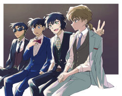 Rule 34 | 2boys, 2girls, :d, astrayin, blue jacket, blue necktie, bow, bowtie, brown background, brown hair, brown vest, buttons, collared shirt, commentary request, green eyes, grey jacket, grey pants, hattori heiji, interlocked fingers, invisible chair, jacket, jacket on shoulders, kudou shin&#039;ichi, meitantei conan, miyano shiho, multiple boys, multiple girls, necktie, open clothes, open jacket, open mouth, own hands together, pants, ponytail, red bow, red bowtie, sera masumi, shirt, short hair, sitting, smile, sunglasses, teeth, upper teeth only, vest, white background, white shirt