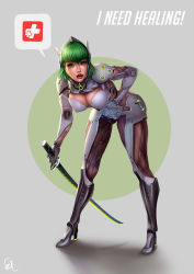 Rule 34 | 1girl, adapted costume, armor, bent over, bodysuit, breasts, circle, cleavage, commentary, cyborg, english text, full body, genderswap, genderswap (mtf), genji (overwatch), green eyes, green hair, grey background, helmet, holding, holding sword, holding weapon, katana, large breasts, leaning forward, long hair, looking at viewer, open mouth, overwatch, overwatch 1, ponytail, power armor, raphire, red lips, shadow, signature, simple background, solo, speech bubble, sword, weapon