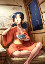 Rule 34 | 1girl, barefoot, blue hair, cup, eating, feet, food, green eyes, highres, indoors, japanese clothes, kimono, lightning, noodles, omar dogan, original, ramen, solo, twintails, window