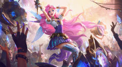 Rule 34 | 1girl, asymmetrical legwear, belt, black gloves, blue eyes, boots, dress, fingerless gloves, fingernails, gloves, happy, highres, holding, izaskun, league of legends, lips, long hair, looking at another, looking at viewer, mismatched legwear, outdoors, people, pink hair, puffy short sleeves, puffy sleeves, seraphine (league of legends), short dress, short sleeves, smile, solo focus, tagme, thighhighs, very long hair, white gloves