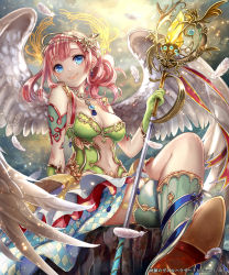 Rule 34 | 1girl, angel wings, armor, blue eyes, blush, breasts, crossed legs, feathers, gloves, hair ornament, hairband, highres, holding, jewelry, kneehighs, large breasts, long hair, looking at viewer, official art, pink hair, pisuke, shingoku no valhalla gate, shoes, sitting, skirt, smile, socks, solo, staff, wings