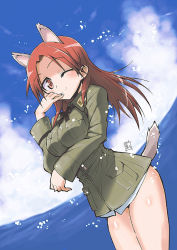 Rule 34 | 1girl, animal ears, blush, breast hold, breasts, extra ears, jacket, kuropan (crow panther), kurou (artist), military, military jacket, military uniform, minna-dietlinde wilcke, ocean, one eye closed, red eyes, red hair, smile, solo, strike witches, tail, uniform, wink, world witches series