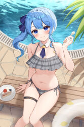 Rule 34 | 1girl, absurdres, ascot, bench, bikini, blue ascot, blue eyes, blue hair, blush, breasts, brooch, cake, cake slice, closed mouth, detached collar, food, frills, grey bikini, hand up, highres, holding, holding spoon, hololive, hoshimachi suisei, innertube, jewelry, looking at viewer, navel, plaid, plaid bikini, plate, pool, poolside, side-tie bikini bottom, side ponytail, sitting, small breasts, smile, solo, spoon, star (symbol), star in eye, stomach, swim ring, swimsuit, symbol in eye, thigh strap, thighs, virtual youtuber, wing collar, yukiunag1