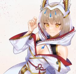 Rule 34 | 1girl, animal ears, bare shoulders, breasts, brown eyes, cat ears, cat girl, chest jewel, cleavage, cleavage cutout, clothing cutout, fang, japanese clothes, kimono, long sleeves, looking at viewer, medium breasts, nia (blade) (xenoblade), nia (xenoblade), short hair, simple background, solo, upper body, white background, white kimono, wooxxwoo, xenoblade chronicles (series), xenoblade chronicles 3