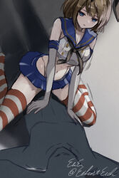 Rule 34 | 1boy, 1girl, black neckerchief, black panties, blue eyes, blue sailor collar, blue skirt, breasts, brown hair, cleavage, cosplay, crop top, eckert&amp;eich, elbow gloves, girl on top, gloves, hetero, highleg, highleg panties, highres, implied sex, kantai collection, lying, maya (kancolle), medium breasts, miniskirt, neckerchief, on back, one-hour drawing challenge, panties, sailor collar, shimakaze (kancolle), shimakaze (kancolle) (cosplay), short hair, silhouette, simple background, skirt, sleeveless, solo focus, straddling, striped clothes, striped thighhighs, thighhighs, twitter username, underwear, white gloves