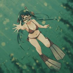 Rule 34 | 1girl, air bubble, bikini, breasts, bubble, diving mask, flippers, freediving, goggles, green eyes, green hair, hair ribbon, halterneck, kantai collection, long hair, mikuma (kancolle), navel, official alternate costume, red bikini, red ribbon, ribbon, side-tie bikini bottom, small breasts, snorkel, solo, string bikini, swimsuit, twintails, underwater, vorisar