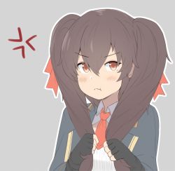 Rule 34 | 1girl, :t, anger vein, black gloves, blue jacket, blush, brown eyes, brown hair, bunching hair, english text, fingerless gloves, girls&#039; frontline, gloves, grey background, jacket, jalm, looking at viewer, necktie, outline, pout, red necktie, shirt, short necktie, solo, twintails, type 97 shotgun (girls&#039; frontline), white outline, white shirt
