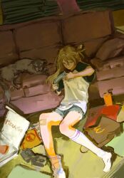 Rule 34 | 1girl, bandaid, bandaid on knee, bandaid on leg, blonde hair, closed mouth, commentary, controller, couch, dog, english commentary, floating hair, food, foot out of frame, game controller, highres, holding, holding controller, holding game controller, indoors, kneehighs, long hair, messy room, nenem (kimnenemmm art), original, pizza, pizza box, shirt, short sleeves, shorts, sitting, socks, solo, white shirt, white socks
