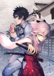 Rule 34 | &gt;:(, 1boy, 1girl, architecture, black hair, blue eyes, breasts, cherry blossoms, closed mouth, command spell, commentary request, east asian architecture, fate/grand order, fate (series), frown, fujimaru ritsuka (male), hair between eyes, hand on own wrist, highres, holding, holding weapon, japanese clothes, japanese house, katana, kimono, looking at another, looking back, looking to the side, medium breasts, obi, okita souji (fate), okita souji (koha-ace), parted lips, pink hair, pink kimono, rean (r ean), sash, sheath, short hair, slit pupils, sword, unsheathed, v-shaped eyebrows, weapon, yellow eyes