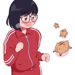 Rule 34 | 1girl, aragon honnin, bad id, bad instagram id, black hair, blush, boar, collared jacket, cowboy shot, freckles, glasses, halftone, jacket, long sleeves, open mouth, original, red jacket, running, short hair, simple background, smile, solo, steam, track jacket, white background, zipper, zipper pull tab