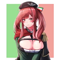 Rule 34 | 1girl, azur lane, beret, black cape, black capelet, black hat, breasts, cape, capelet, center frills, cleavage, cleavage cutout, clothing cutout, epaulettes, flag background, frills, hat, highres, italian flag, large breasts, looking at viewer, nyan (reinyan 007), red hair, solo, upper body, yellow eyes, zara (azur lane)