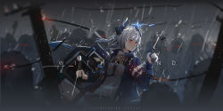 Rule 34 | 1girl, absurdres, arknights, ballistic shield, dragon girl, dragon horns, electroshock weapon, grey hair, gun, highres, holding, holding weapon, horns, less-than-lethal weapon, liskarm (arknights), loftcat, night, ponytail, rain, shield, solo, stun shield, weapon