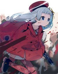 Rule 34 | 1girl, a.i. voice, argyle, argyle clothes, argyle legwear, beret, blood, blood on face, blue eyes, blurry, blurry background, capelet, commentary, grey hair, gun, hair ornament, hat, highres, hitogome, holding, holding gun, holding weapon, kizuna akari, kizuna akari (tsubomi), long hair, motion blur, red capelet, red hat, red legwear, running, solo, star (symbol), star hair ornament, symbol-only commentary, voiceroid, weapon
