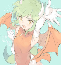 Rule 34 | 1girl, :o, armpits, blue background, china dress, chinese clothes, clenched hand, draco centauros, dragon girl, dragon horns, dragon tail, dragon wings, dress, elbow gloves, eyes visible through hair, fangs, gloves, green hair, highres, horns, kinutani yutaka, madou monogatari, open mouth, orange eyes, outstretched arm, pants, pointy ears, puyo (puyopuyo), puyopuyo, red dress, side slit, simple background, sleeveless, sleeveless dress, slit pupils, solo, tail, v-shaped eyebrows, white gloves, wings