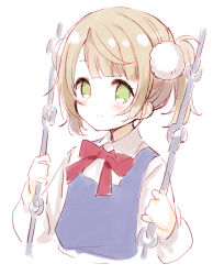 Rule 34 | 1girl, aged down, blue dress, blush, bow, brown hair, child, closed mouth, collared shirt, cropped torso, dress, green eyes, hair ornament, holding, indie virtual youtuber, long sleeves, looking away, meito (maze), pom pom (clothes), pom pom hair ornament, red bow, shigure ui (channel), shigure ui (vtuber), shigure ui (vtuber) (young), shirt, sidelocks, simple background, sleeveless, sleeveless dress, smile, solo, twintails, upper body, virtual youtuber, white background, white shirt
