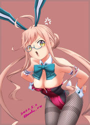 Rule 34 | 1girl, ahoge, anger vein, animal ears, blue-framed eyewear, bow, bowtie, breasts, cleavage, commentary request, dated, detached collar, double bun, fishnet pantyhose, fishnets, grey pantyhose, hair bun, hands on own hips, kantai collection, leaning forward, leotard, looking at viewer, makigumo (kancolle), makigumo kai ni (kancolle), moke ro, pantyhose, pink hair, playboy bunny, purple leotard, rabbit ears, rabbit tail, small breasts, solo, strapless, strapless leotard, tail, thighband pantyhose, twintails, wrist cuffs, yellow eyes