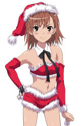 Rule 34 | 1girl, absurdres, bra, breasts, brown eyes, brown hair, collarbone, detached sleeves, hair ornament, hand on own hip, hat, highres, looking at viewer, misaka mikoto, red bra, red hat, red shorts, santa costume, santa hat, short shorts, shorts, simple background, small breasts, smile, solo, toaru kagaku no railgun, toaru majutsu no index, underwear, vector trace, white background