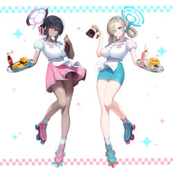 Rule 34 | 2girls, alternate costume, alternate hairstyle, apron, asuna (blue archive), black hair, blue archive, blue eyes, blue ribbon, blue skirt, blush, breasts, burger, coca-cola, coffee cup, coffee pot, cup, dark-skinned female, dark skin, disposable cup, food, french fries, full body, hair ribbon, hairband, halo, highres, holding, holding tray, karin (blue archive), large breasts, light brown hair, looking at viewer, milkshake, multiple girls, pancake, pancake stack, pencil skirt, pink ribbon, pink skirt, puffy short sleeves, puffy sleeves, ribbon, roller skates, short hair, short sleeves, simple background, skates, skirt, smile, soda bottle, standing, tray, waist apron, waitress, white apron, yellow eyes, yuri (chocho q)