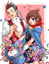 Rule 34 | 1girl, ace attorney, apollo justice, apollo justice: ace attorney, blue cape, blue eyes, brown hair, cape, confetti, formal, gloves, hair between eyes, hat, jewelry, magician, pants, rabbit, ragi (od6fine), red pants, red scarf, red vest, scarf, short hair, solo, top hat, trucy wright, vest, white gloves