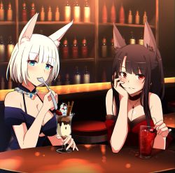 Rule 34 | 2girls, absurdres, akagi (azur lane), animal ears, artist request, azur lane, bare shoulders, black hair, blue dress, blue eyes, blunt bangs, blush, breasts, choker, chromatic aberration, cleavage, collarbone, commentary request, desk, dress, eyeliner, eyeshadow, fox ears, has bad revision, has downscaled revision, highres, holding, holding spoon, indoors, jewelry, kaga (azur lane), large breasts, long hair, looking at viewer, makeup, md5 mismatch, multiple girls, necklace, parfait, parted lips, ponytail, red dress, red eyes, resolution mismatch, short hair, sidelocks, sitting, smile, source smaller, spoon, utensil in mouth, white hair