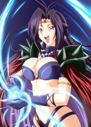 Rule 34 | 1girl, armlet, blue background, blue eyes, breasts, cape, cleavage, diesel-turbo, earrings, gloves, hair intakes, headband, jewelry, large breasts, long hair, magic, multicolored clothes, naga the serpent, navel, open mouth, purple hair, slayers, solo, two-sided cape, two-sided fabric