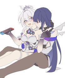 Rule 34 | 2girls, absurdres, ahoge, black flower, black hands, black pantyhose, blue eyes, blue hair, blush, breasts, cleavage, colored extremities, dress, flower, gloves, grey hair, hair between eyes, handheld game console, hands up, hetare mizu, highres, holding, holding handheld game console, honkai (series), honkai impact 3rd, kiana kaslana, kiana kaslana (herrscher of finality), licking, licking another&#039;s neck, long hair, looking at another, medium breasts, multiple girls, open mouth, pantyhose, purple eyes, purple gloves, raiden mei, raiden mei (apho), simple background, sitting, tongue, tongue out, white background, white dress, yuri